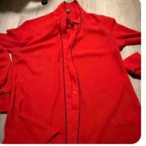 Red Button-Up Blouse with Black Trim